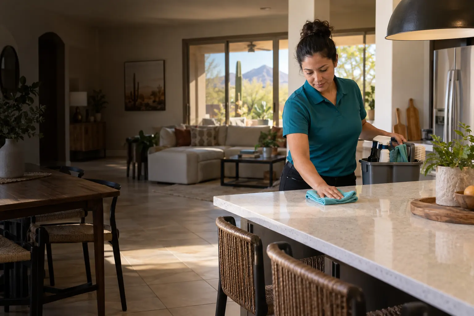 Friendly professional cleaner resetting a bright Phoenix-area home