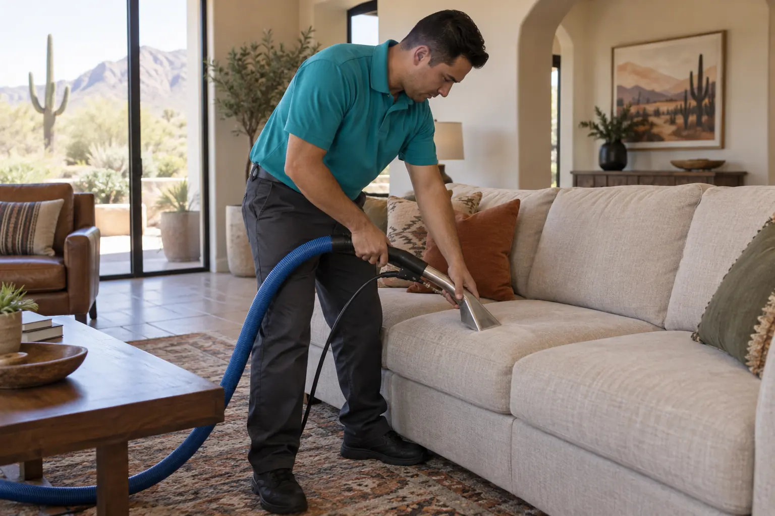 Clean area rug in a bright Phoenix home with Southwest-style interior