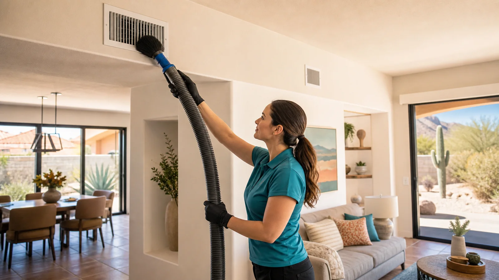 Professional cleaner brushing an HVAC vent with a vacuum hose in a Southwest-style Phoenix home