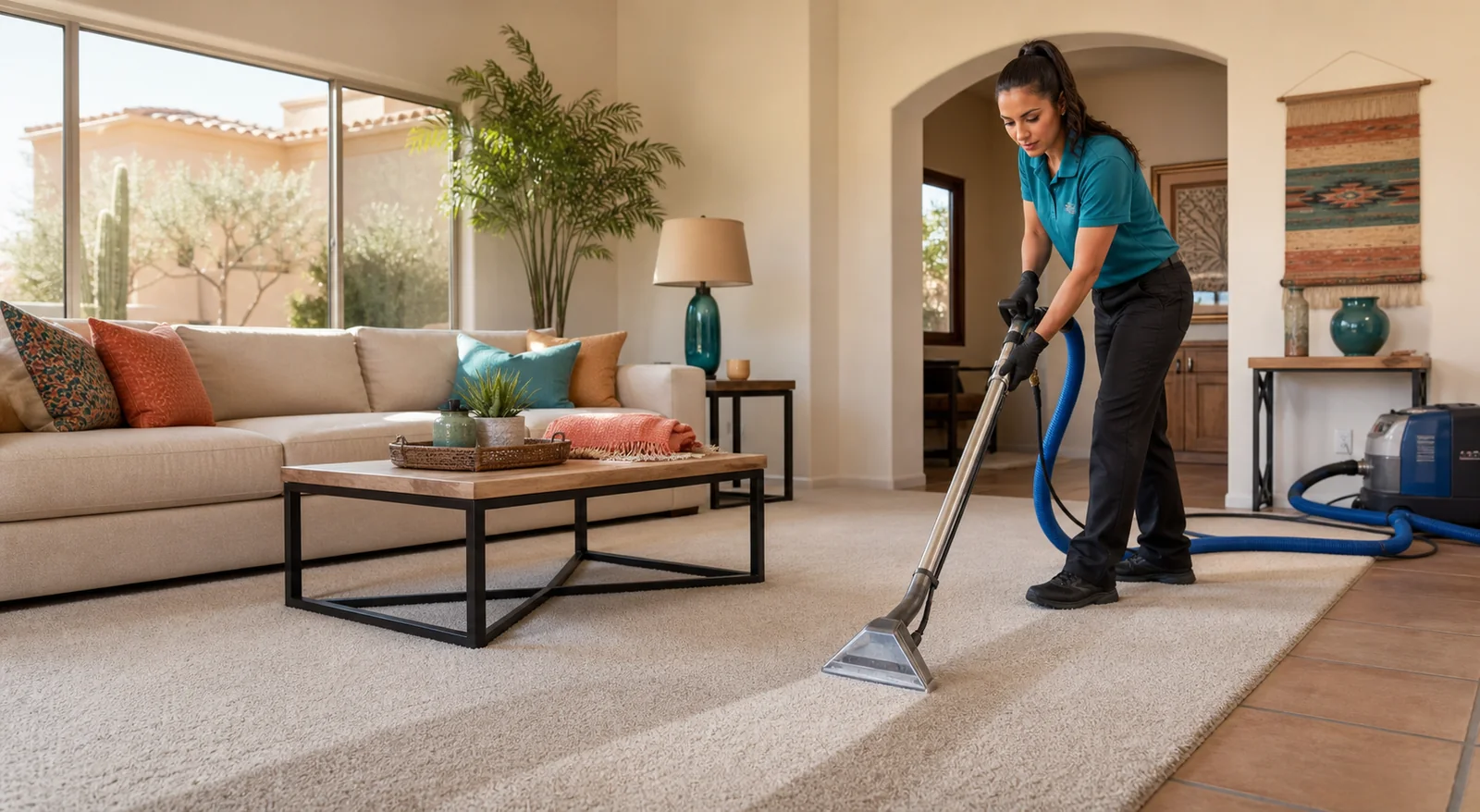 Professional carpet cleaner using an extraction wand in a bright Phoenix-area living room